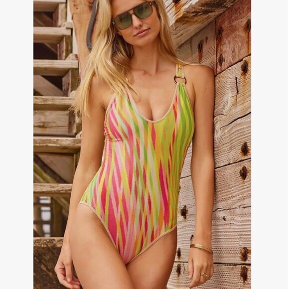 New!‎ Becca Awaken One Piece Swimsuit Sparkly Shimmer Stripes - Picture 3 of 8